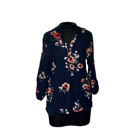 Navy Floral Long Sleeve Blouse Womens Size L - Picture 1 of 8